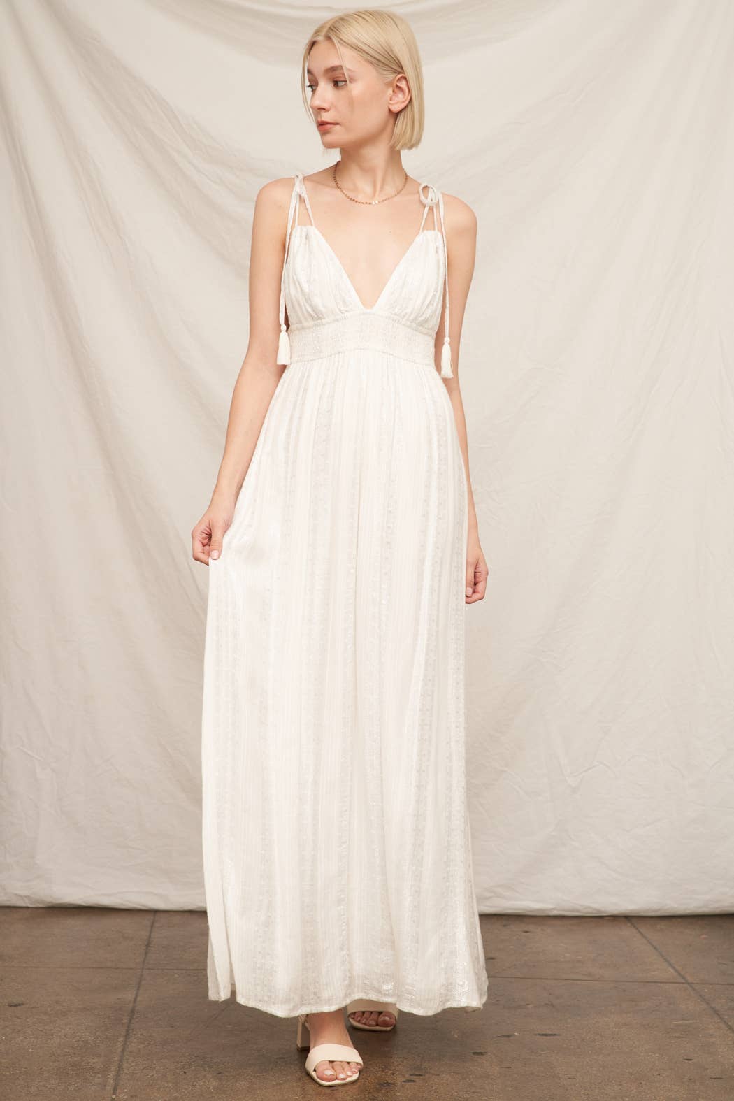 Shoulder Tie Maxi Dress with Lurex Detail: White Silver
