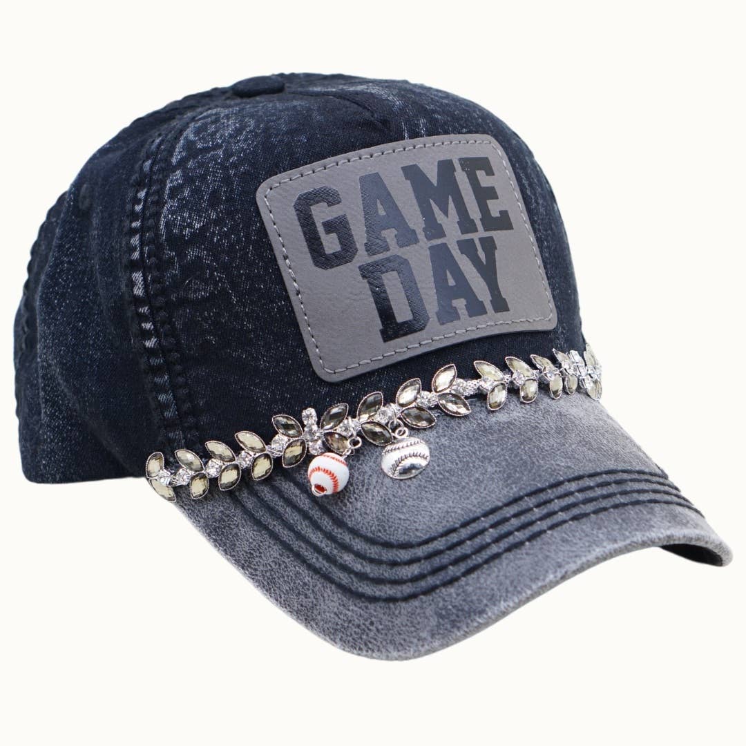 GAMEDAY Baseball Two-Toned Dad Cap with Vegan Leather Bill: Denim/Gray