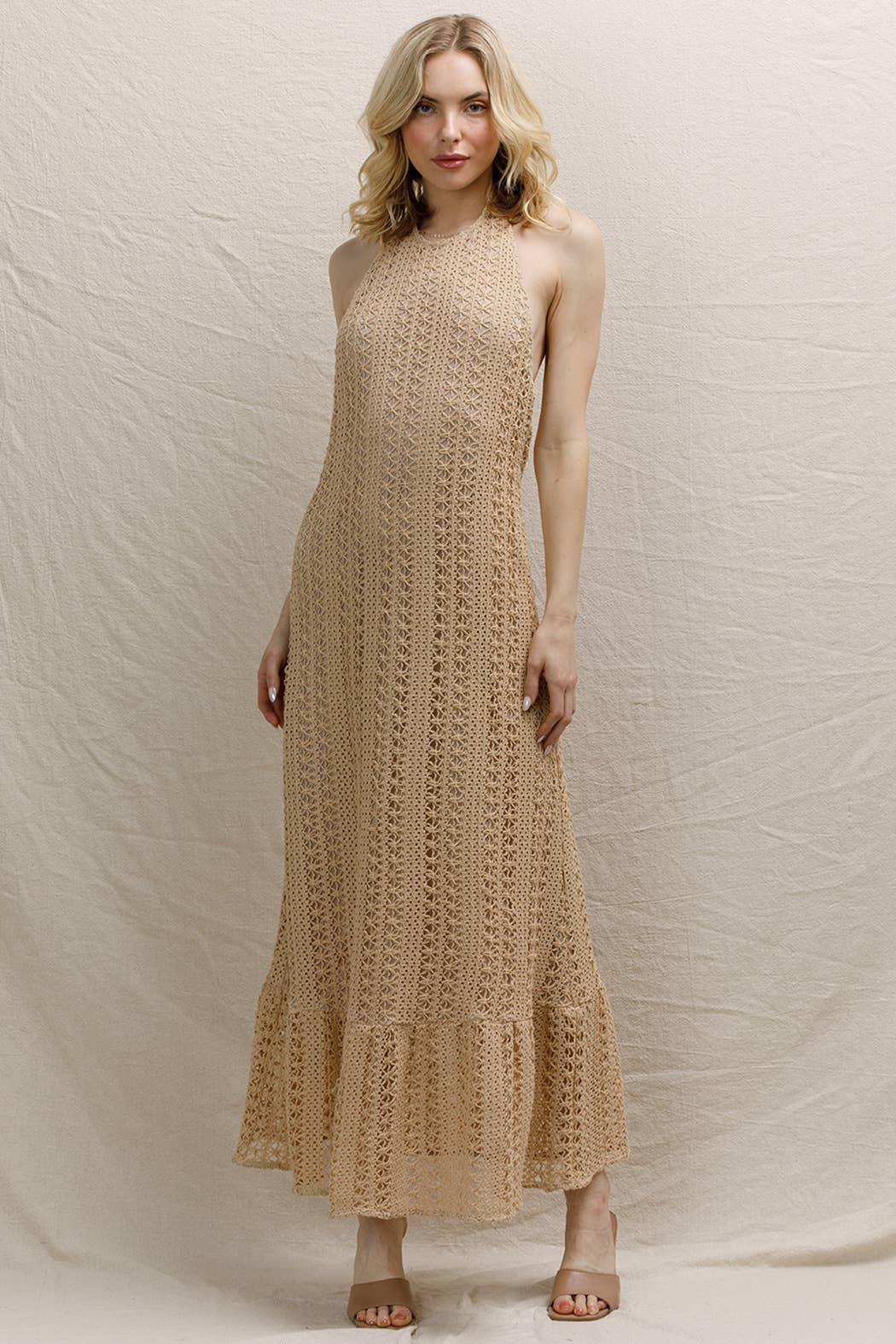 Crochet Halter Neck Maxi Dress: Taupe