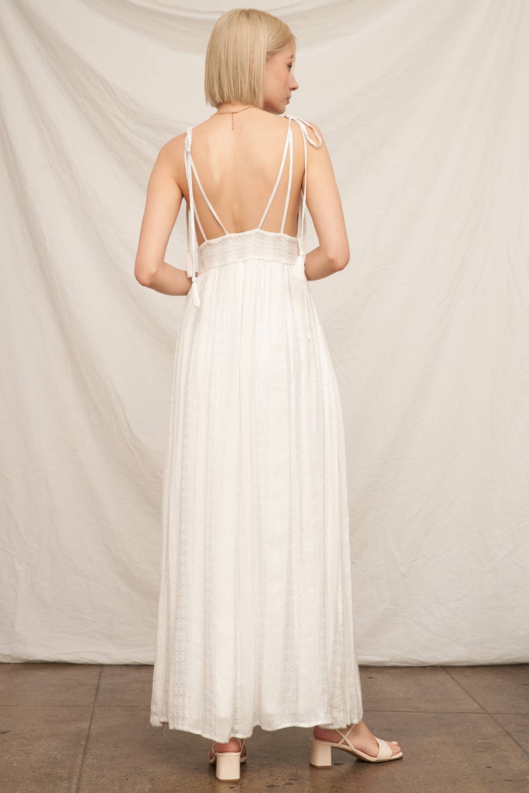 Shoulder Tie Maxi Dress with Lurex Detail: White Silver