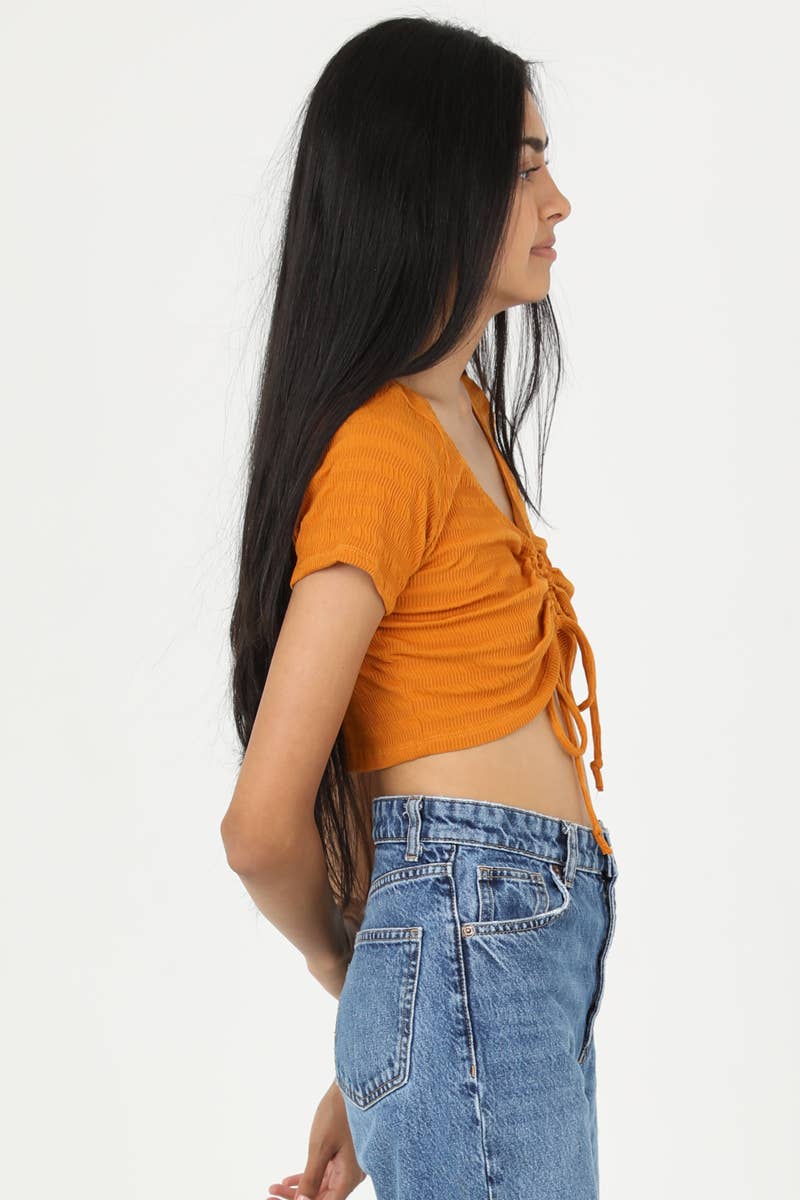 Yellow TEXTURED KNIT LOOP FRONT CROP TOP