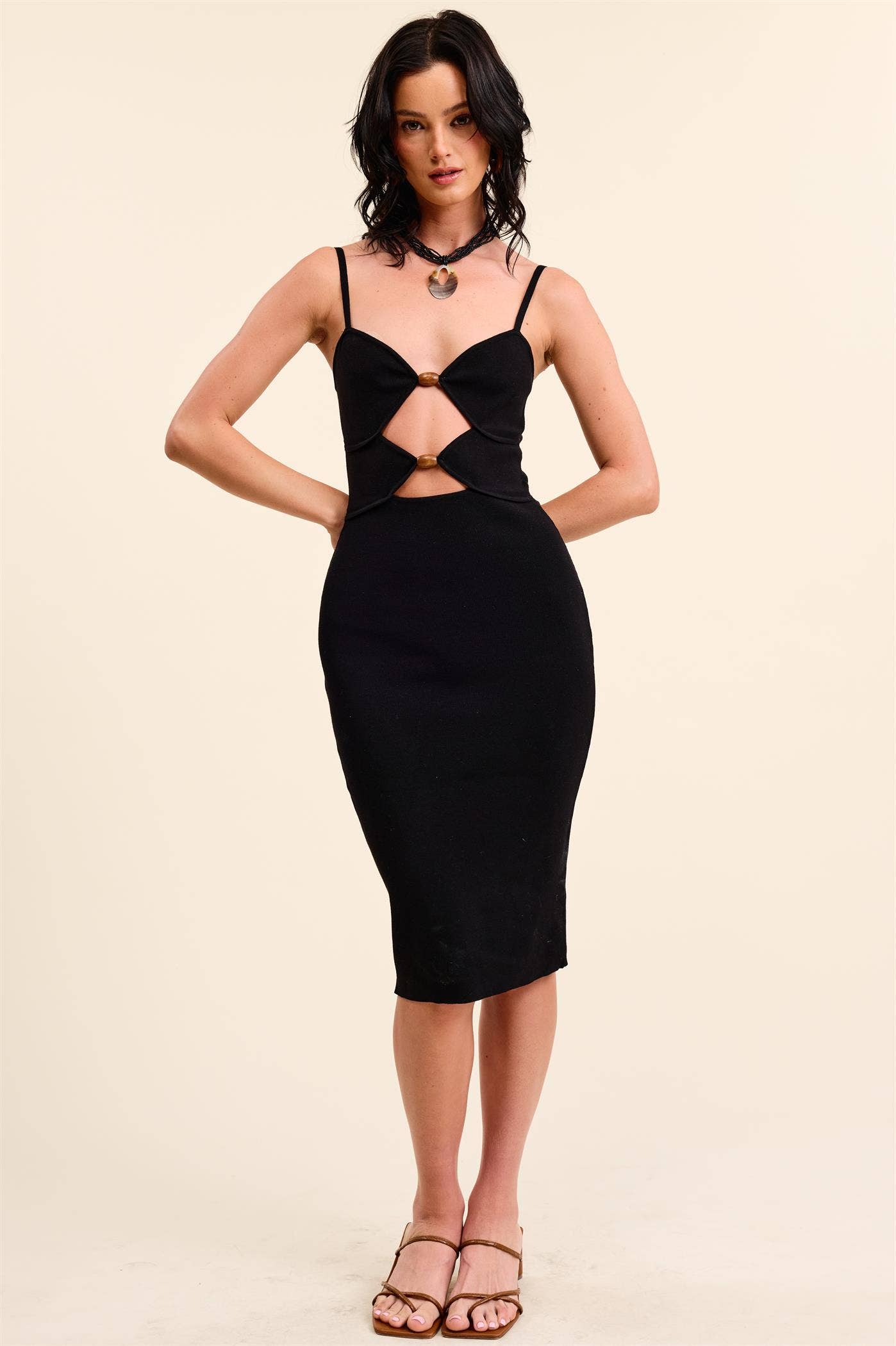 Bodycon Midi Dress with Cut-Out and Wooden Accents: BLACK