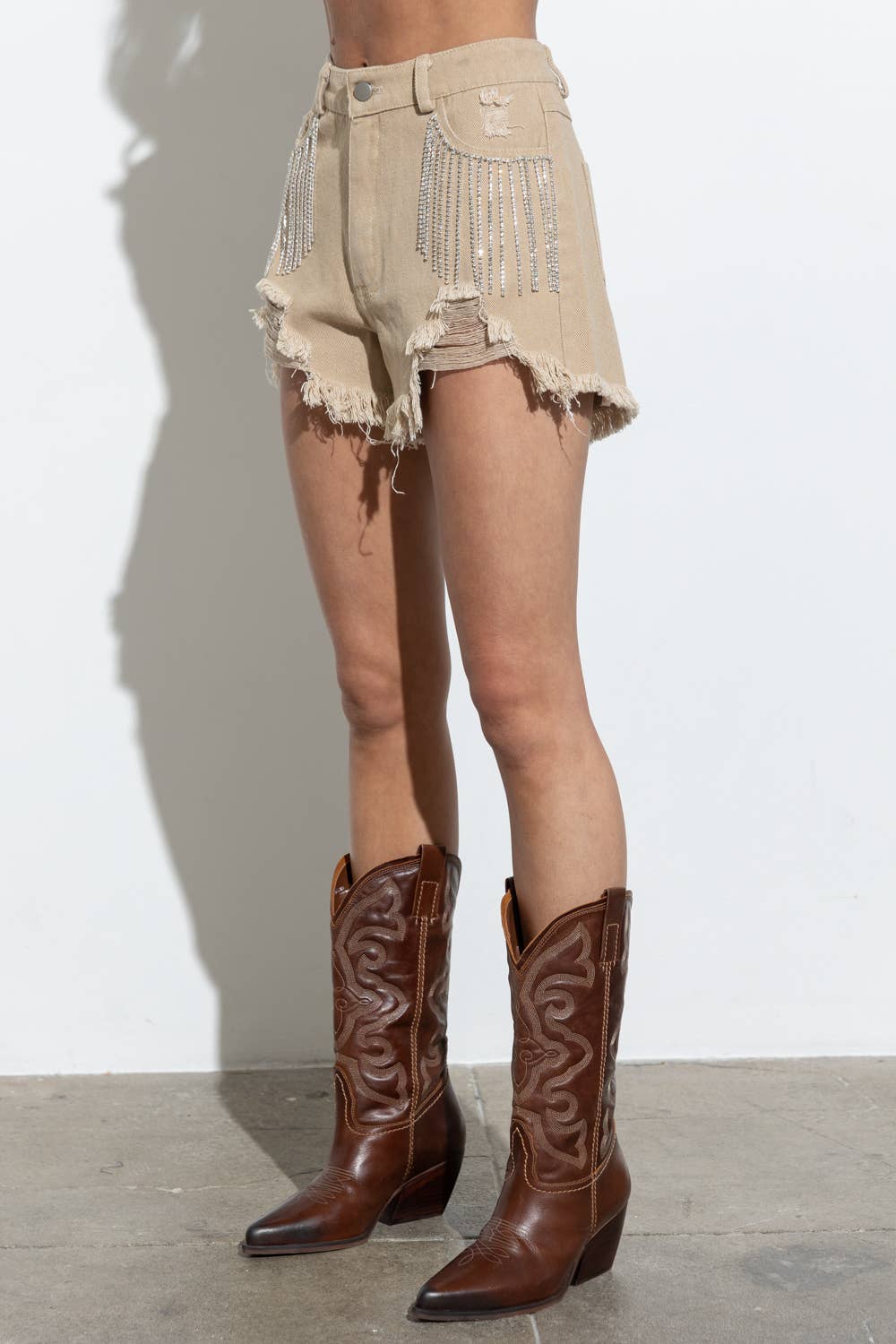 17368P - Distressed Frayed Detail Fringe Rhinestone Denim: BLACK GOLD / LARGE