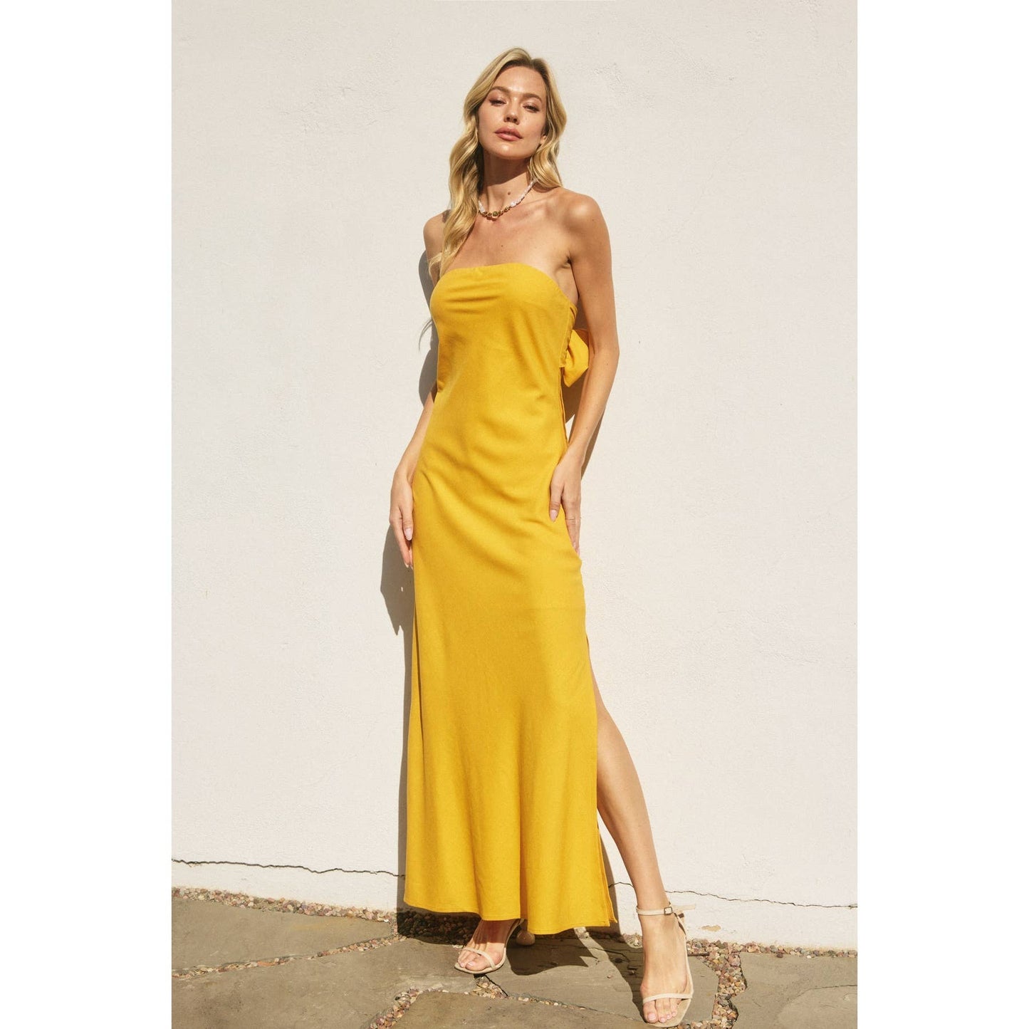 Heaven Sent Strapless Bias Cut Maxi Dress: MARIGOLD