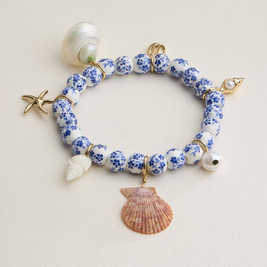 Floral Beaded Seashell Charm Bracelet – Beachy Boho Jewelry: Pink / One / 5SB21023