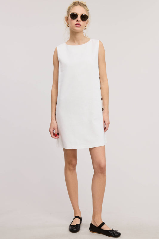 Wooden Side Button Detail Sleeveless Linen Mini Dress: IVORY