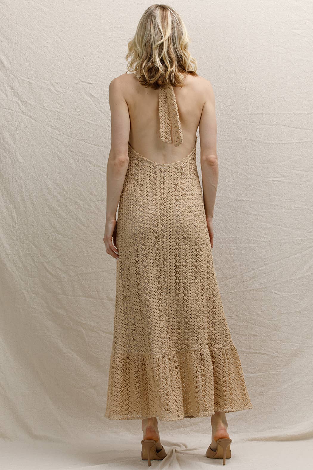 Crochet Halter Neck Maxi Dress: Taupe