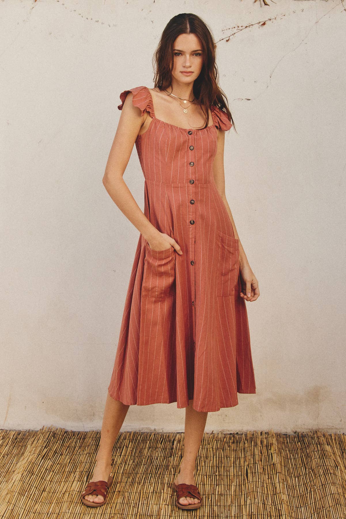 Pinstripe Flutter Sleeve Midi Dress: RUST/WHITE
