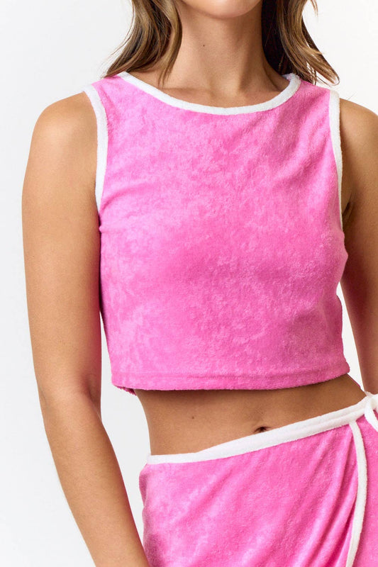IBS28941 2 TONE TERRY CLOTH CROPPED TOP W/ WRAP SKIRT SET: Pink