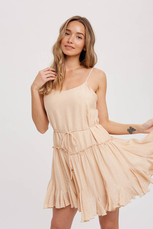 RUFFLED SWING CAMI DRESS: BEIGE