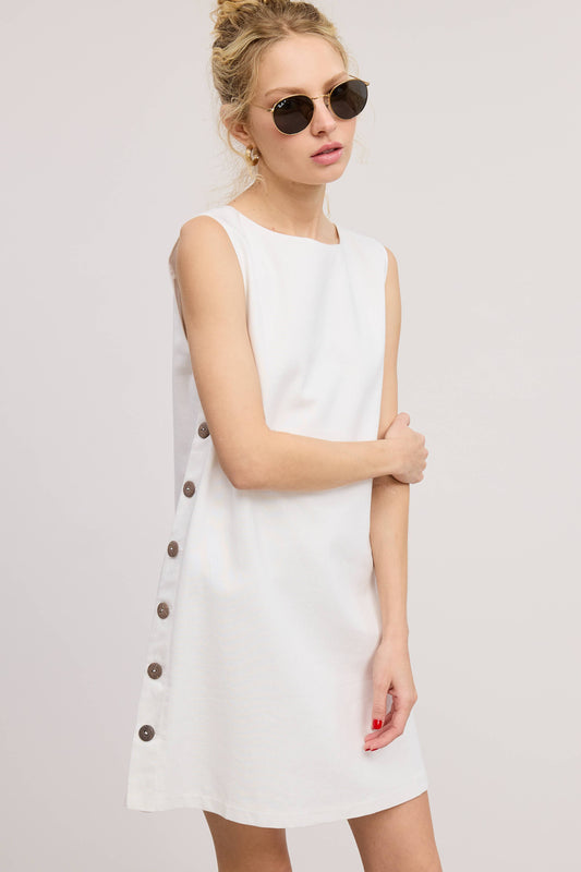 Wooden Side Button Detail Sleeveless Linen Mini Dress: IVORY