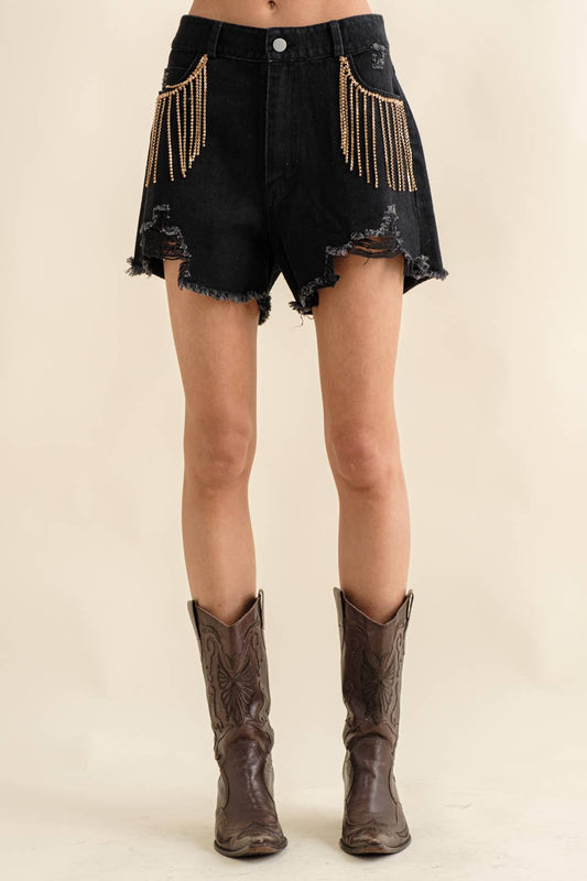 Distressed Frayed Detail Fringe Rhinestone Denim: BLACK GOLD