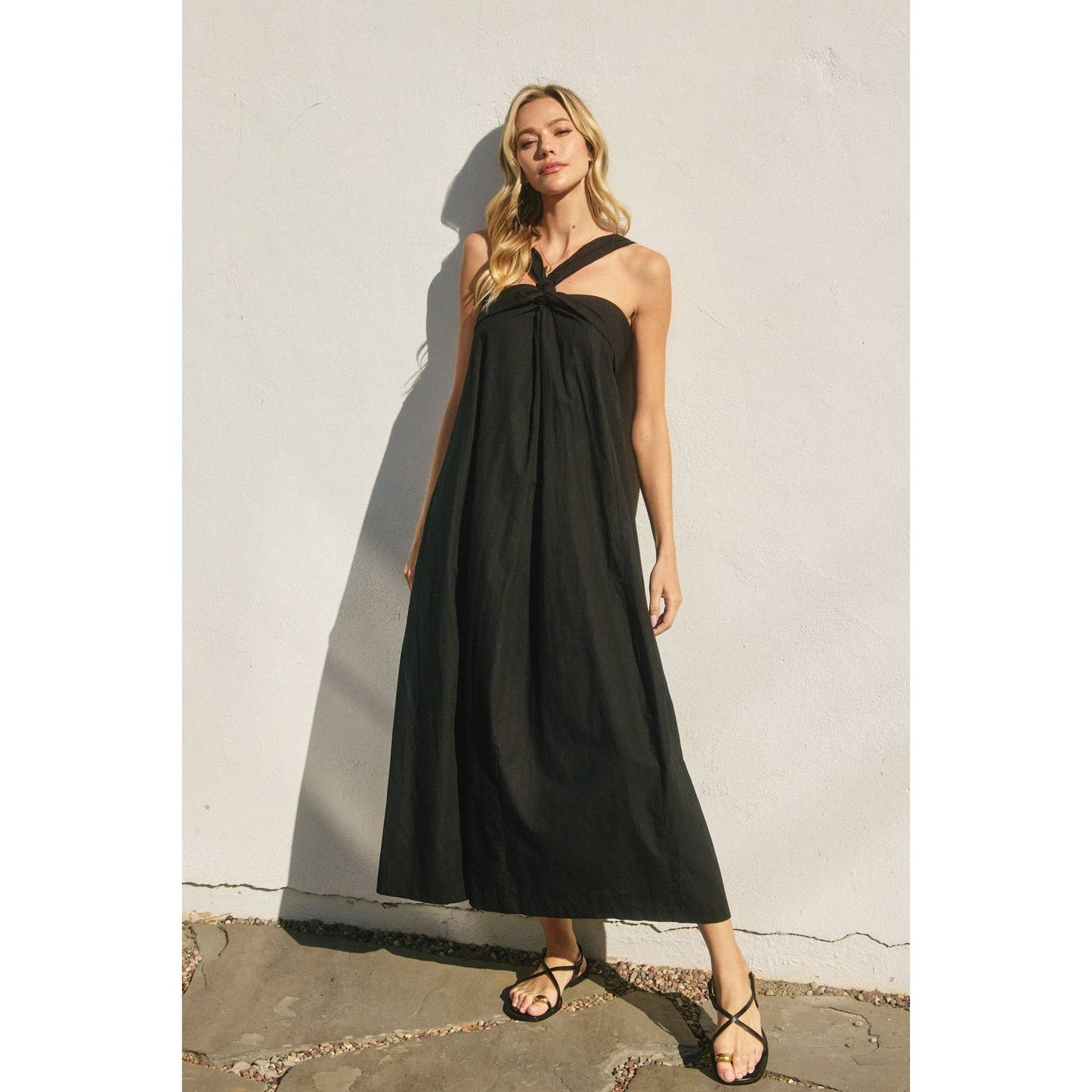 Cotton Halter Neck Maxi Dress: BLACK
