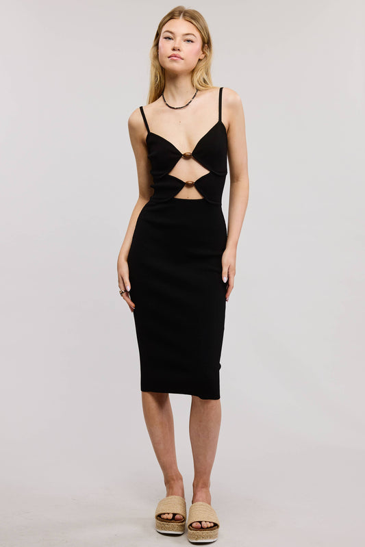Bodycon Midi Dress with Cut-Out and Wooden Accents: BLACK