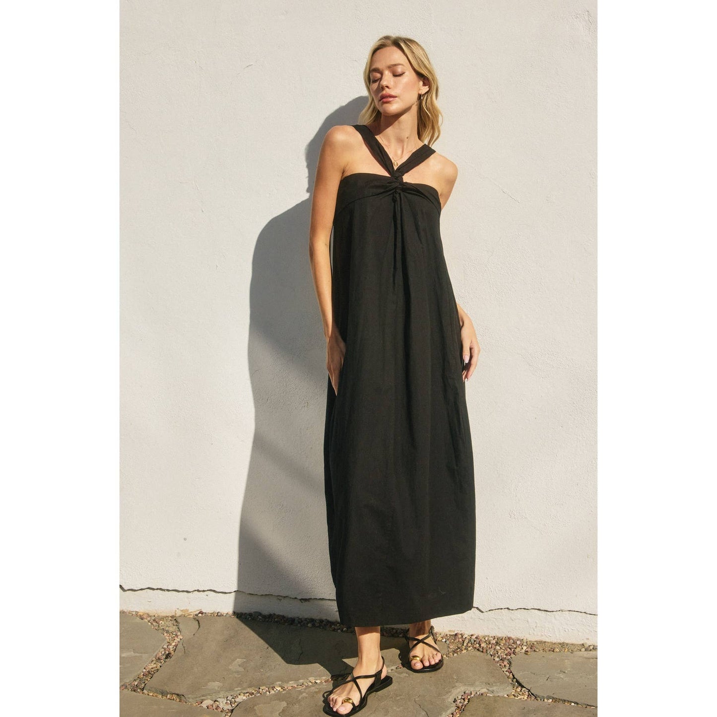 Cotton Halter Neck Maxi Dress: BLACK