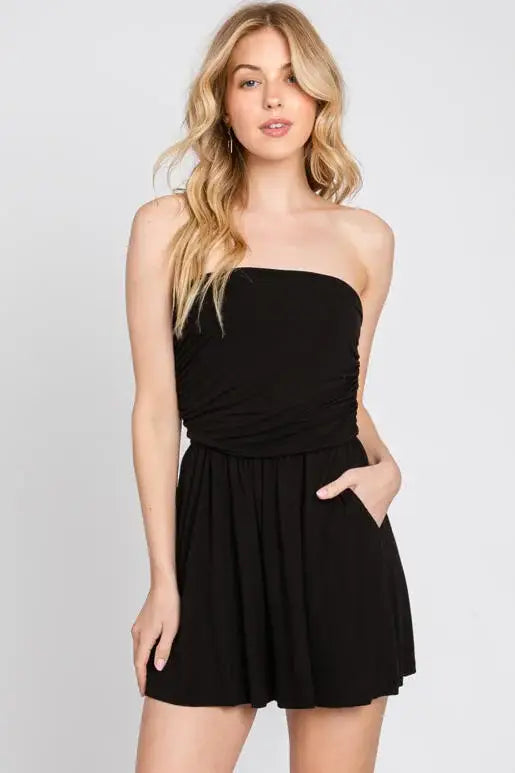 Tank Top Shirring Romper : Black