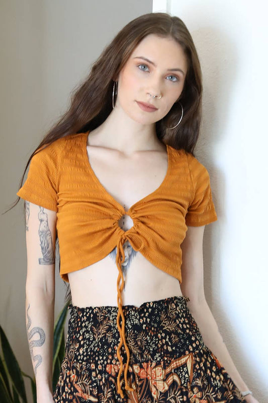 Yellow TEXTURED KNIT LOOP FRONT CROP TOP