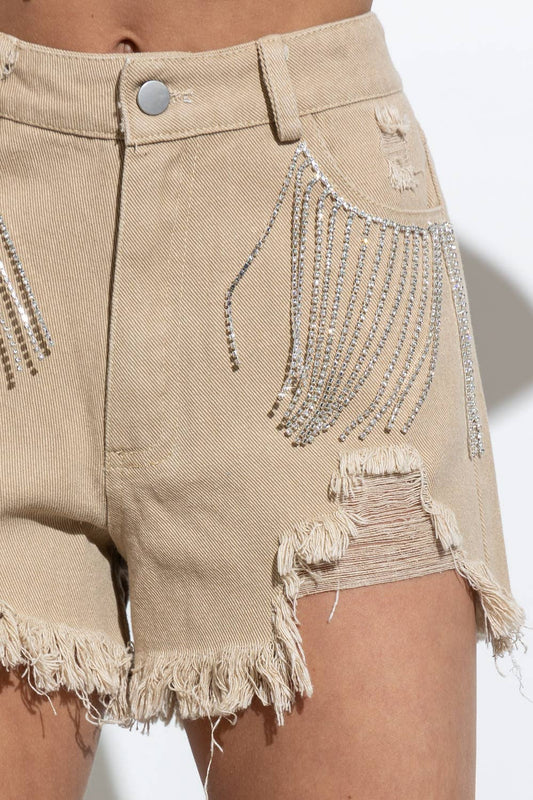 17368P - Distressed Frayed Detail Fringe Rhinestone Denim: BLACK GOLD / LARGE