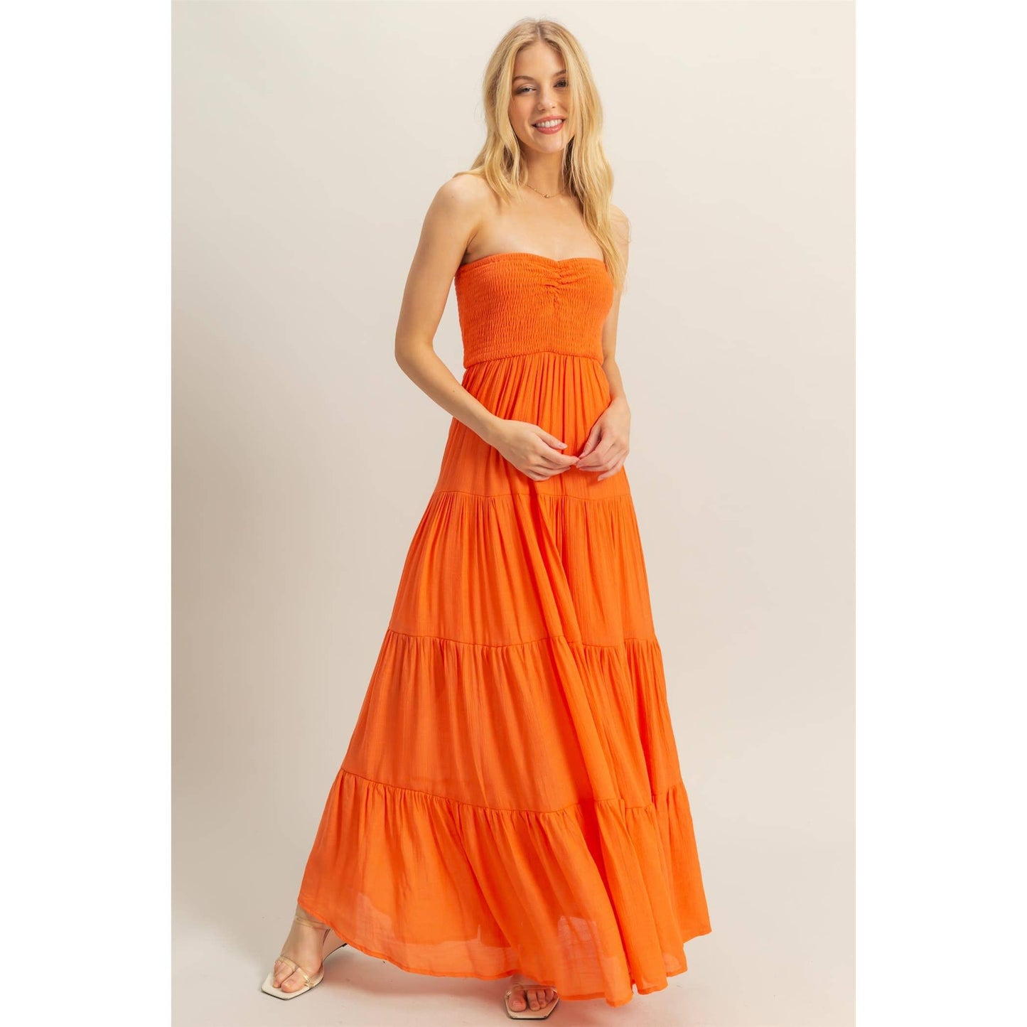 Strapless Ruched Bust Tiered Maxi Dress: ORANGE