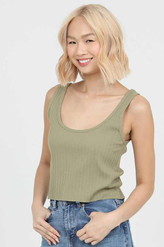 RIB KNIT SCOOP NECK TANK TOP: SAGE