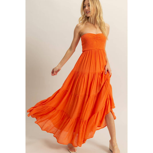 Strapless Ruched Bust Tiered Maxi Dress: ORANGE