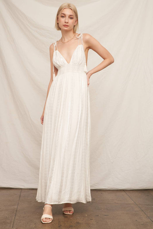 Shoulder Tie Maxi Dress with Lurex Detail: White Silver