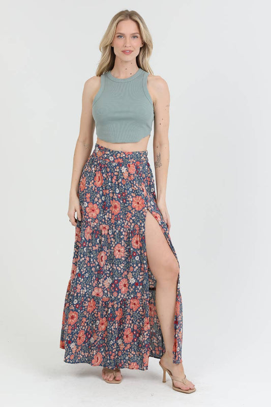 FLORAL PRINT MAXI SKIRT WITH HIGH SLIT