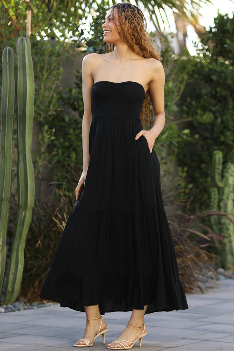 SMOCKED SWEETHEART BODICE STRAPLESS MAXI DRESS WI: