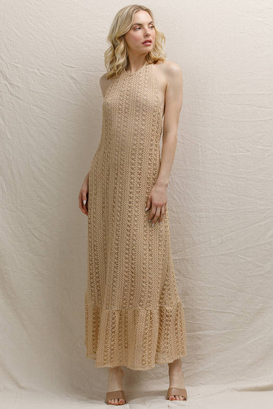 Crochet Halter Neck Maxi Dress: Taupe