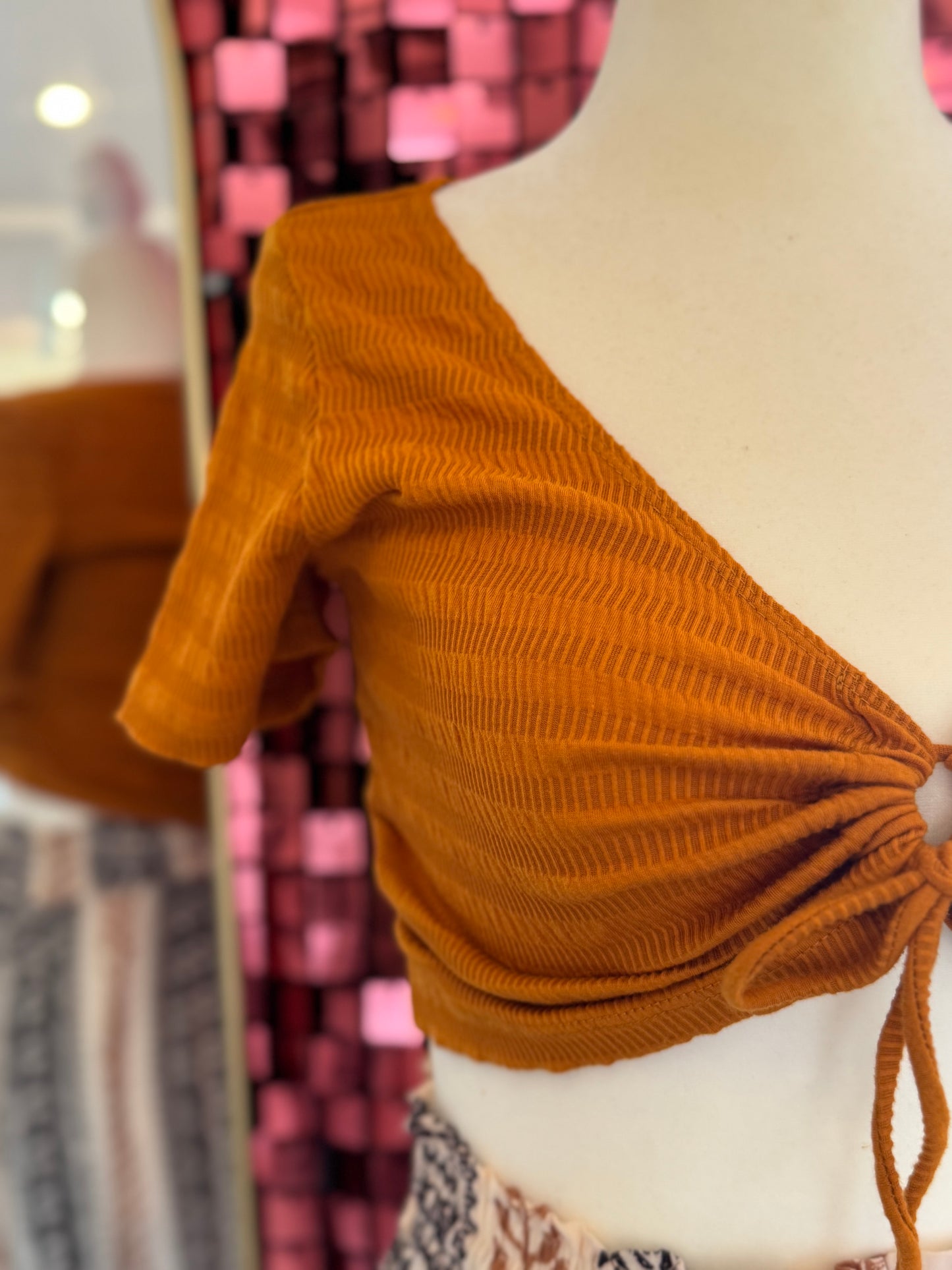 Yellow TEXTURED KNIT LOOP FRONT CROP TOP
