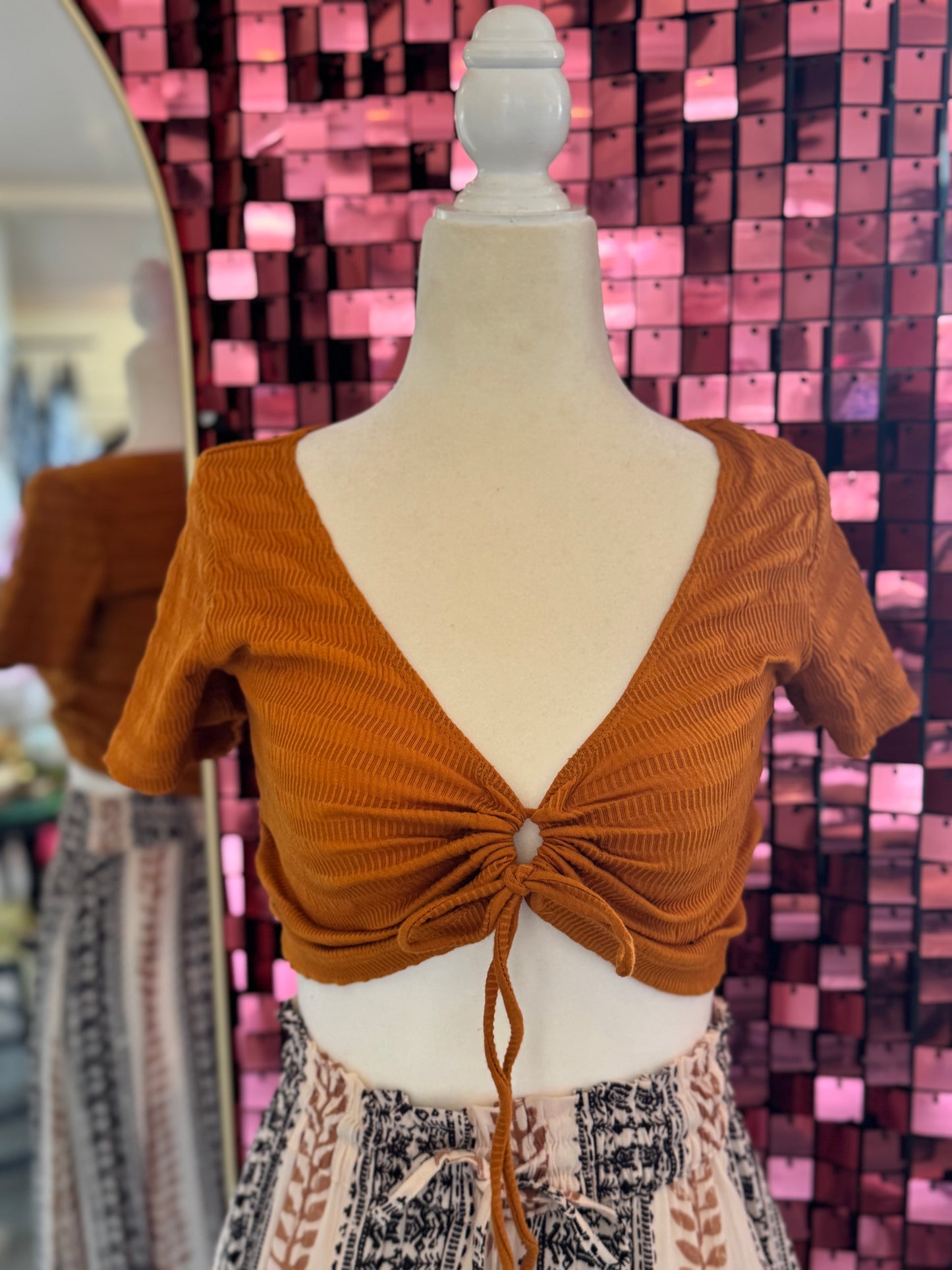 Yellow TEXTURED KNIT LOOP FRONT CROP TOP