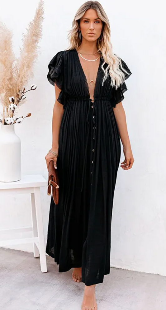Elegant Tropical Solid Color Cover Up Black : One Size