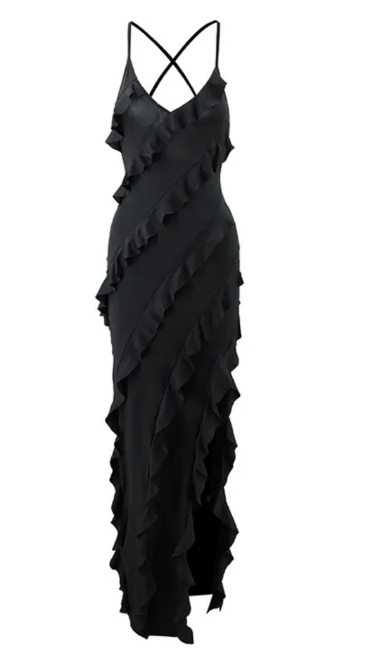 Black Ruffle Slit Dress