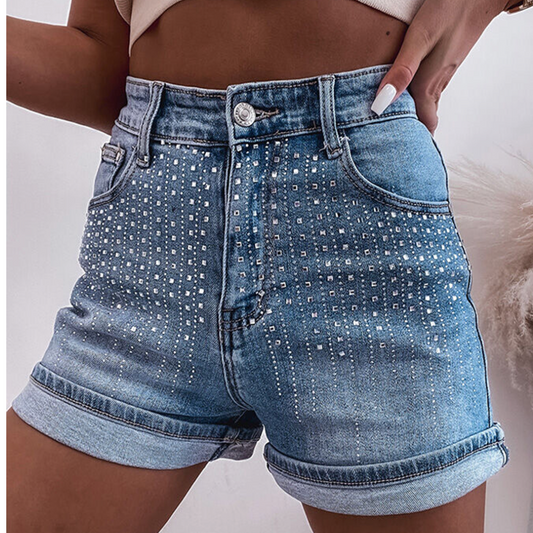 Blue Rhinestone Embellished Denim Shorts
