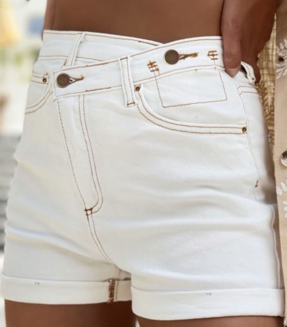White Asymmetric Waist Design Stylish Denim Shorts