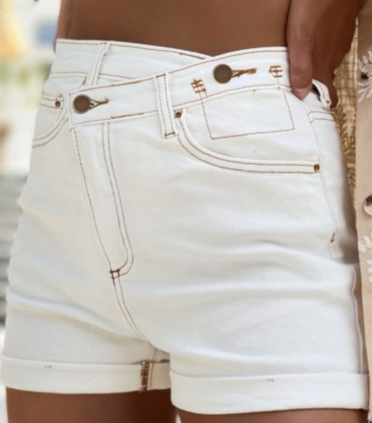 White Asymmetric Waist Design Stylish Denim Shorts