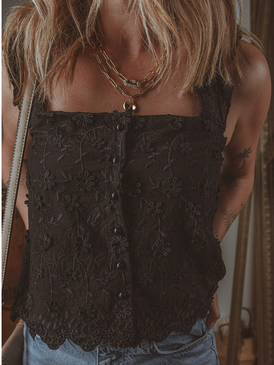 Black Floral Embroidered Buttoned Square Neck Tank Top