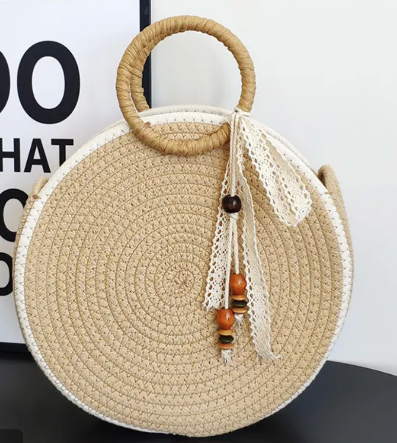 Cotton Solid Color Vacation Beach Weave Round Open Straw Bag
