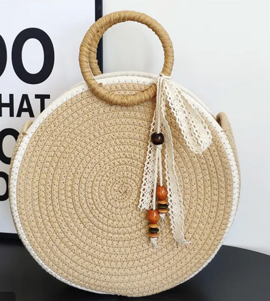 Cotton Solid Color Vacation Beach Weave Round Open Straw Bag