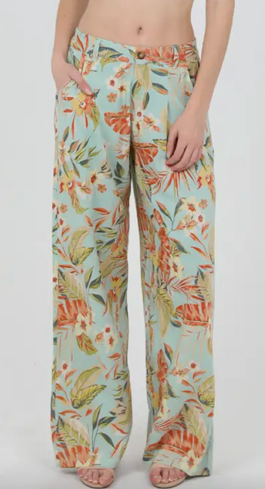 Tropical Print Wide Leg Pants