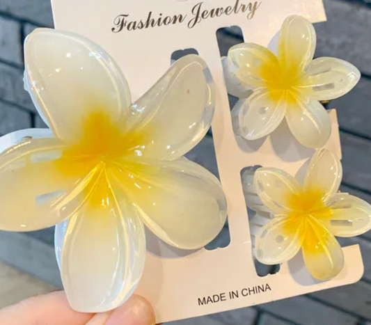 Trio Plumeria Claw Clip Set - White & Yellow