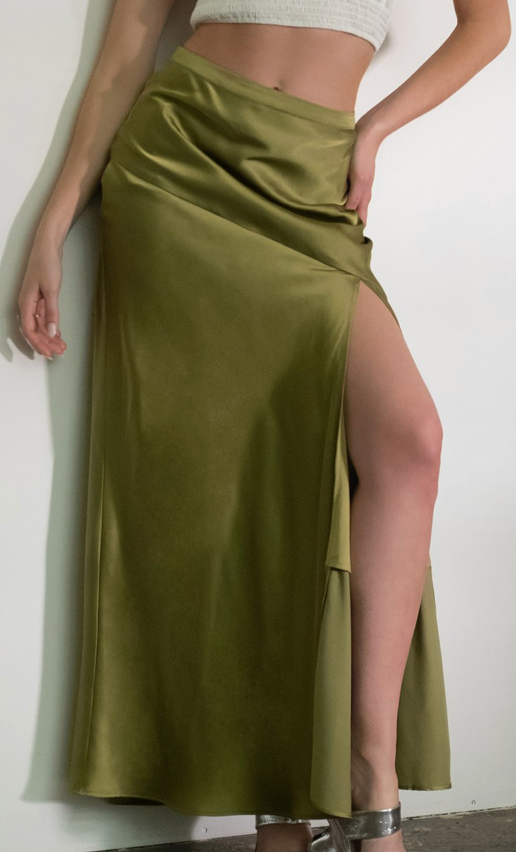 Olive Drift Slip Satin Midi Skirt