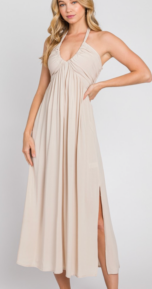 Tan Solid Halter Shirring Dress