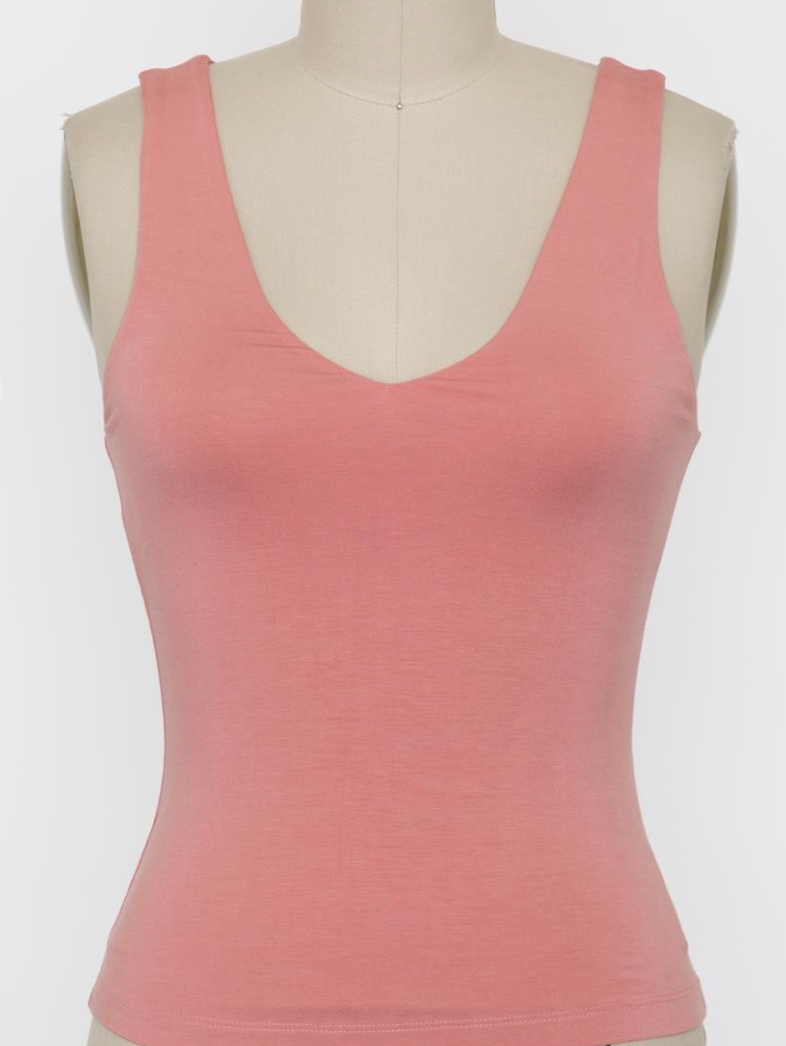 Double Layered V-Neck Tank - Pink