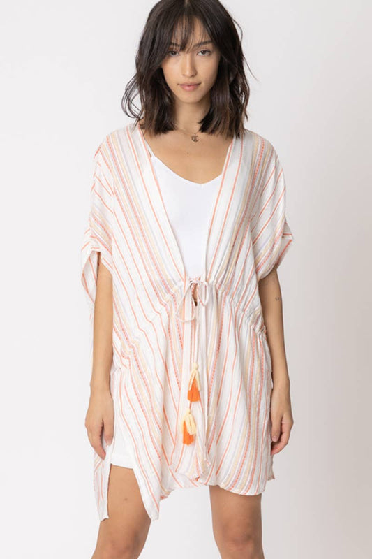 Striped Tassel Tie Kimono Cardigan: WHITE ORANGE