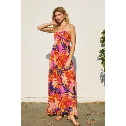 Coastal Cruising Ruched Babydoll Maxi Dress: SUNSET FRONDS