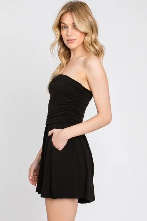 Tank Top Shirring Romper : Black