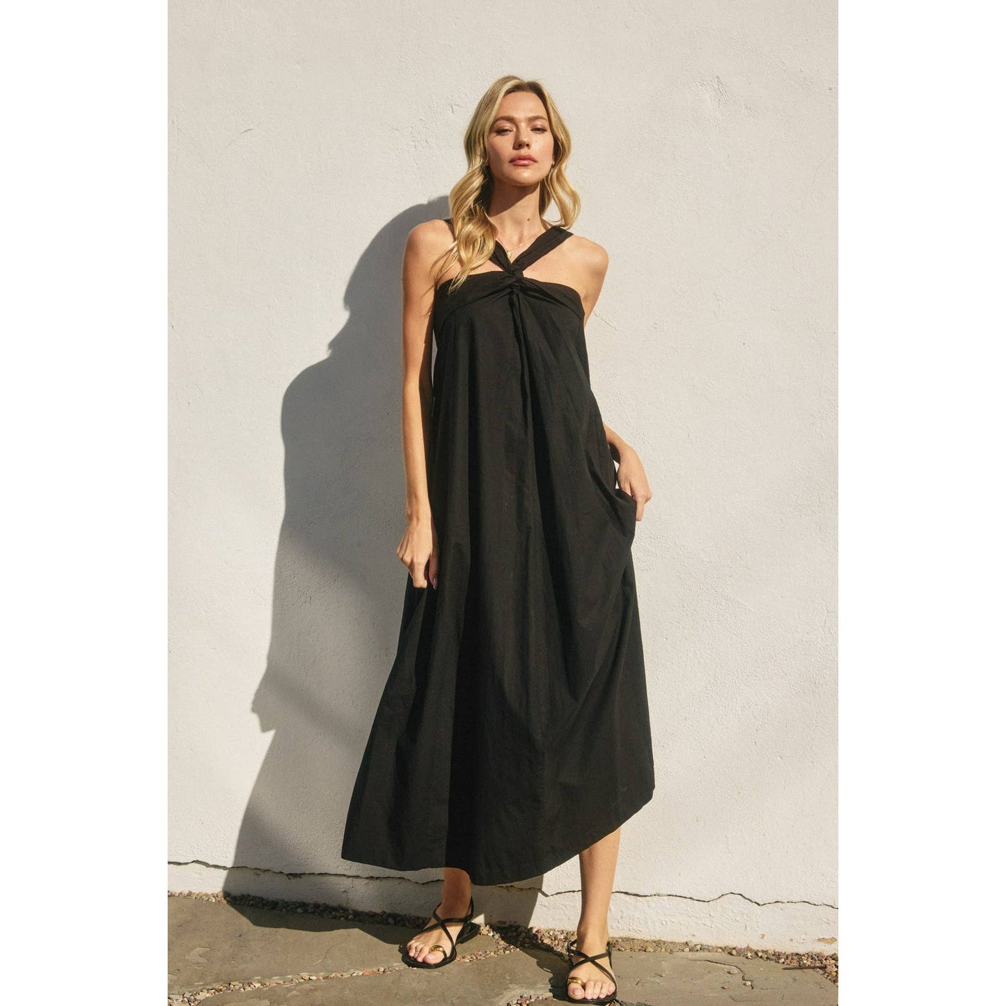 Cotton Halter Neck Maxi Dress: BLACK