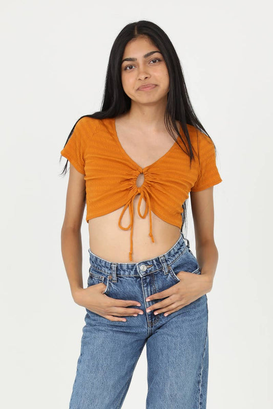 Yellow TEXTURED KNIT LOOP FRONT CROP TOP