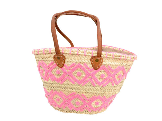 French Basket Handmade with Leather Handle, Straw Tote Bag: Pink